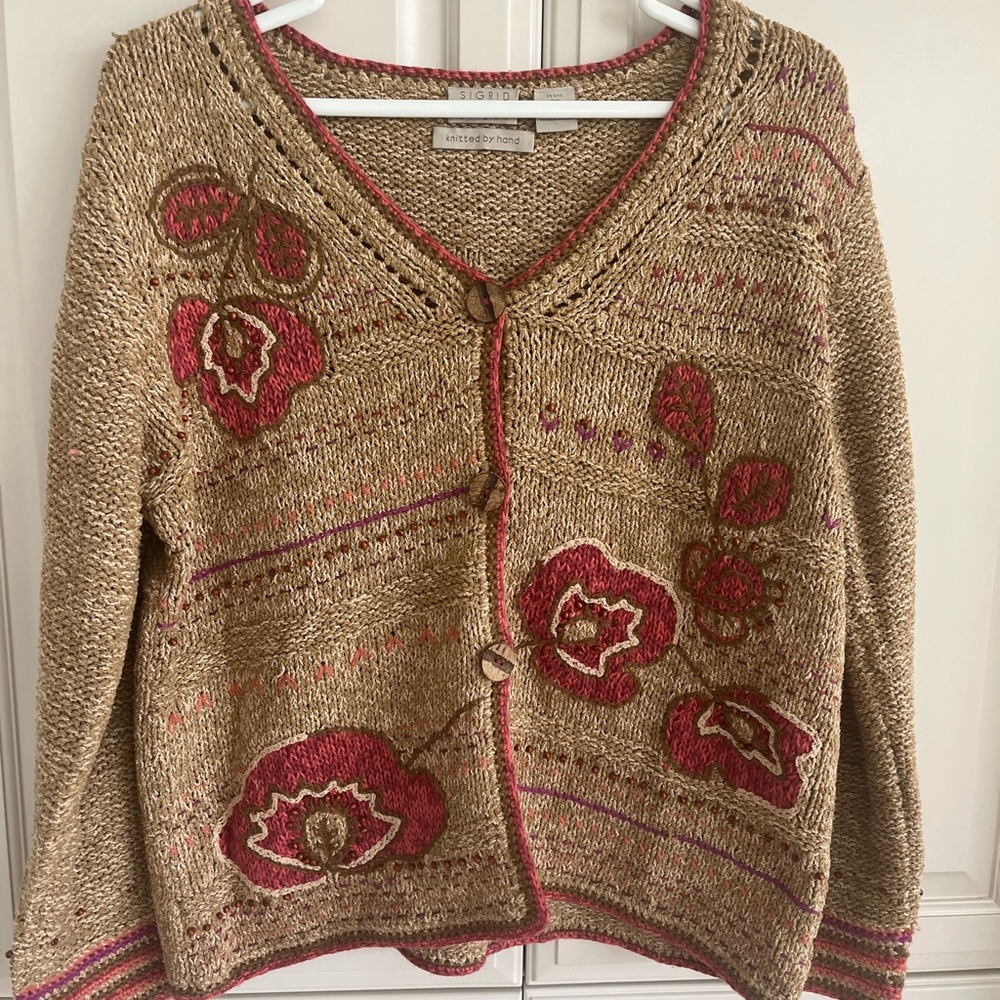 Sigrid Olsen Hand Knit Cardigan Sweater Wood Buttons fits like Med